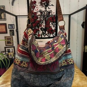 Free People Red and Yellow Hobo Bag with Patchwork Design